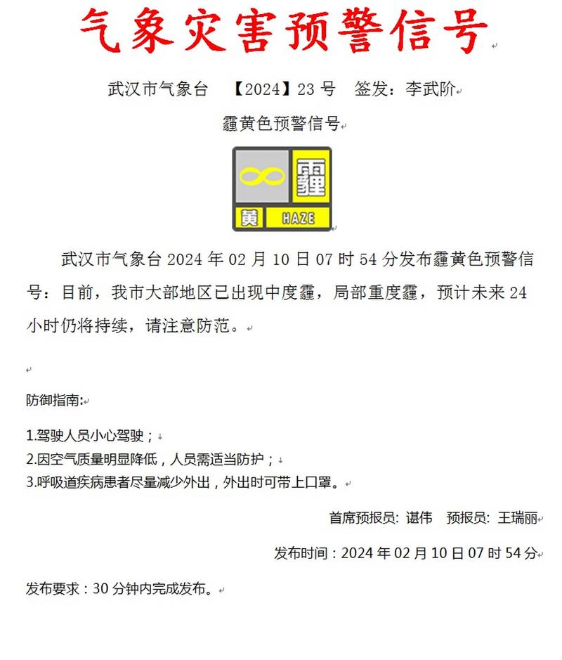 湖北省武汉市发布霾黄色预警