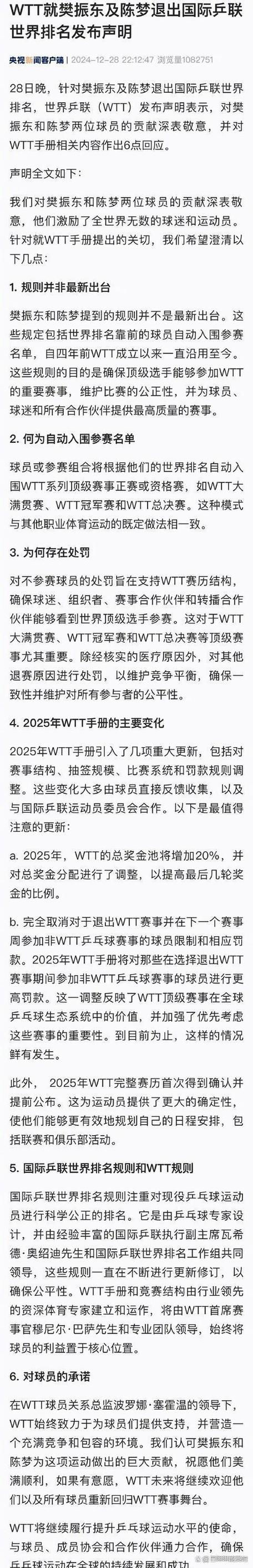 聚焦|WTT取消大满贯强制参赛规则 樊振东、陈梦可直接参赛